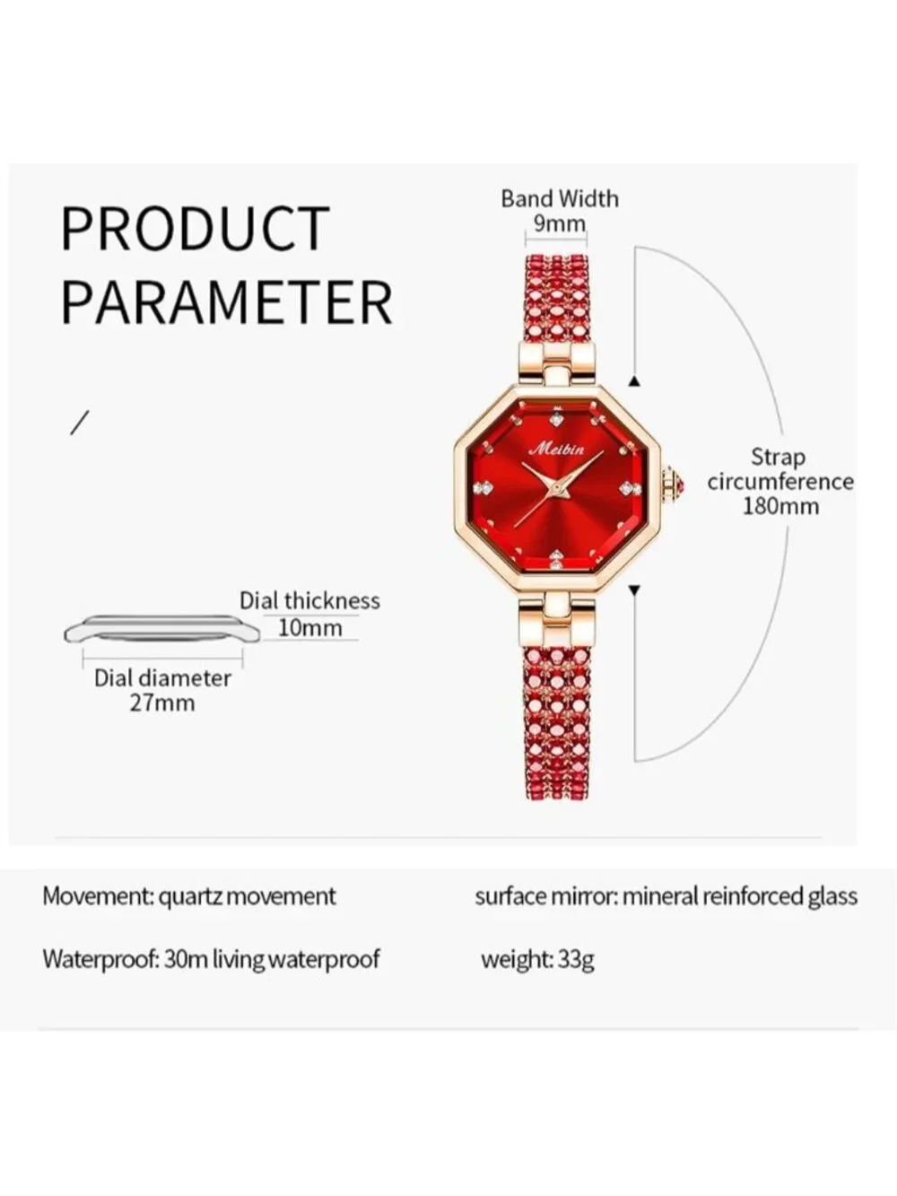 Women's Red Crystal Diamond Bangle Ladies Bracelet Luxury Oval Wrist Watches